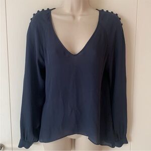 Parker Steel Blue Silk V Neck Long Sleeve Shoulder Button Trimmed Blouse S
